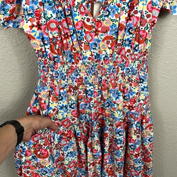 J Crew Smocked Waist Dress with Farmers Market Print Floral Ladybug Sz 0 - Picture 7 of 15